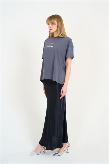 Kadın Leola Düz Uzun Saten Etek - Siyah