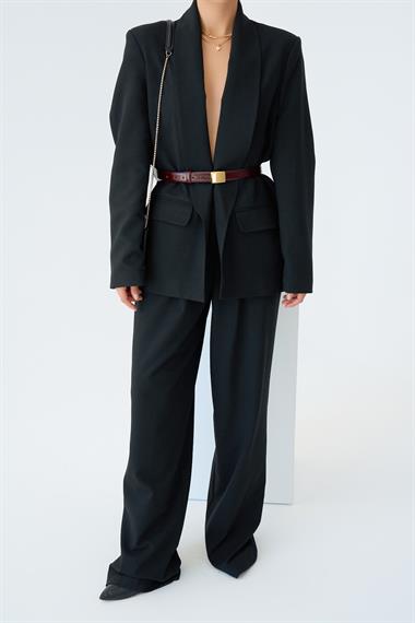 Kadın Leopar Astarlı Dokuma Ceket - Siyah