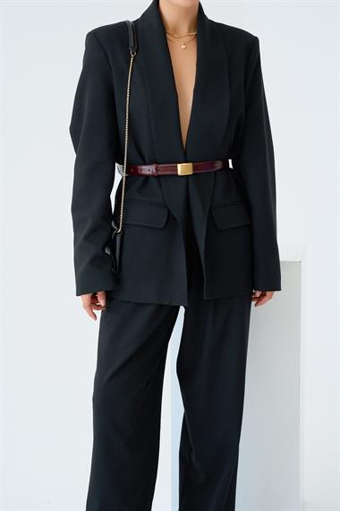 Kadın Leopar Astarlı Dokuma Ceket - Siyah