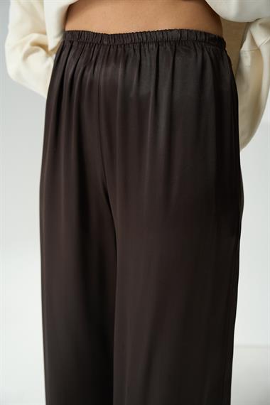 Kadın Leopar Lastikli Dokuma Pantolon - Acı Kahve