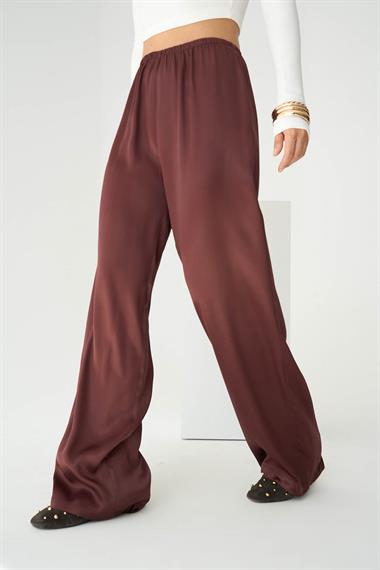 Kadın Leopar Lastikli Dokuma Pantolon - Bordo