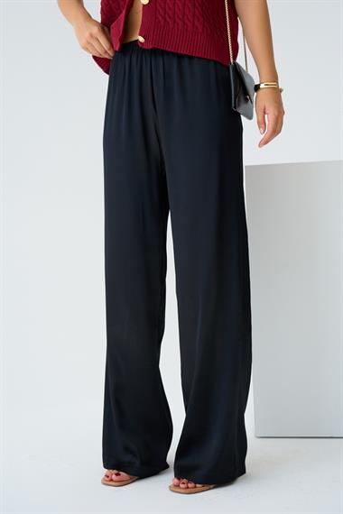 Kadın Leopar Lastikli Dokuma Pantolon - Siyah