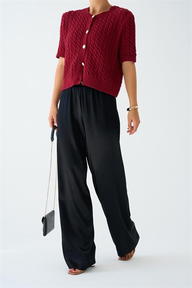 Kadın Leopar Lastikli Dokuma Pantolon - Siyah