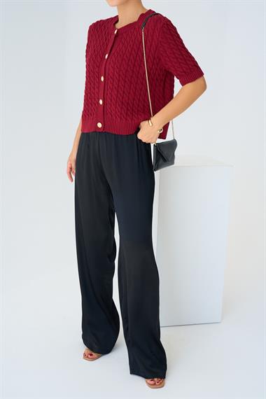 Kadın Leopar Lastikli Dokuma Pantolon - Siyah