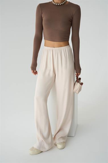 Kadın Leopar Lastikli Dokuma Pantolon - Bej