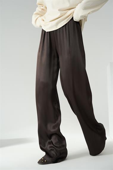 Kadın Leopar Lastikli Dokuma Pantolon - Acı Kahve