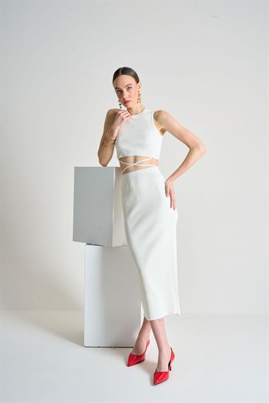 Kadın Luna Fitilli Midi Triko Bluz Etek Takım - Açık Krem