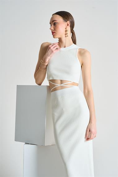 Kadın Luna Fitilli Midi Triko Bluz Etek Takım - Açık Krem