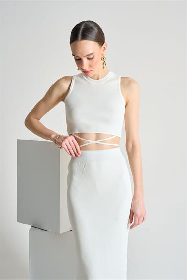 Kadın Luna Fitilli Midi Triko Bluz Etek Takım - Açık Krem