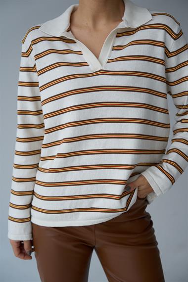 Kadın Merly Polo Yaka Triko Kazak - Ekru-Kahve