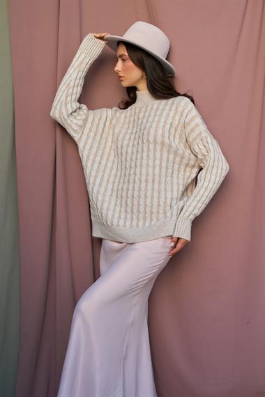 Kadın Mira Saç Örgülü Triko Kazak - Krem-Bej