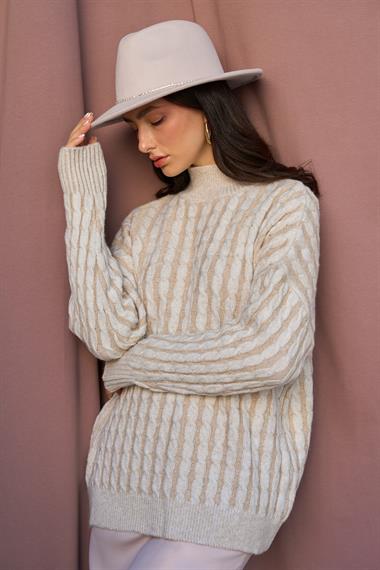 Kadın Mira Saç Örgülü Triko Kazak - Krem-Bej