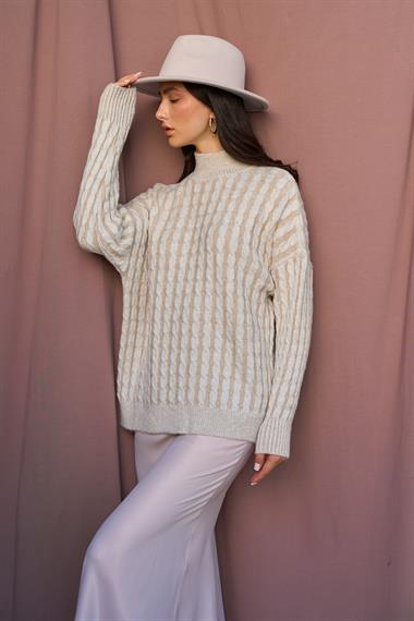 Kadın Mira Saç Örgülü Triko Kazak - Krem-Bej