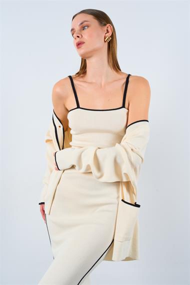 Kadın Moddina Çizgili Süzeneli Üçlü Triko Etek Takım   - Krem-Siyah