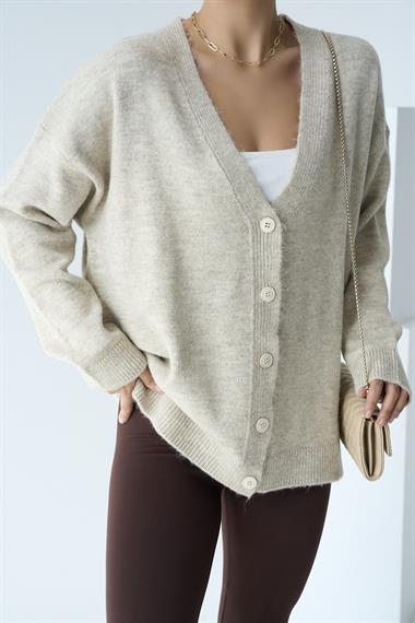 Kadın Nina V Yaka Triko Hırka - Açık bej