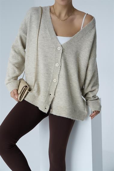 Kadın Nina V Yaka Triko Hırka - Açık bej