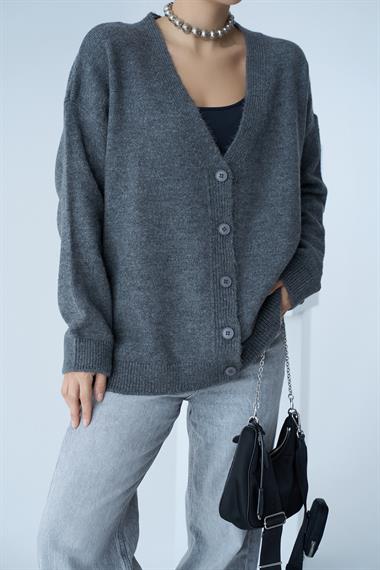 Kadın Nina V Yaka Triko Hırka - Antrasit