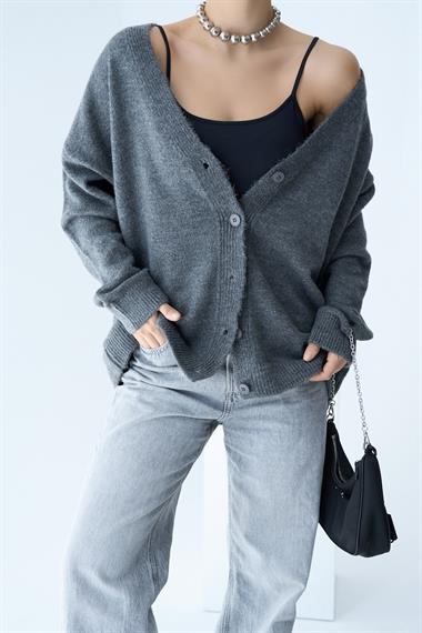 Kadın Nina V Yaka Triko Hırka - Antrasit