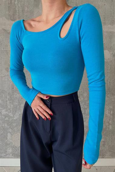 Kadın Örme Düşük Omuz Damla Bluz - Mavi