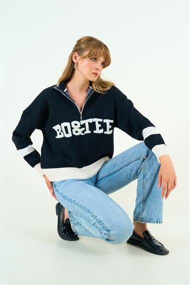 Kadın Paren Triko Kazak - Siyah-Krem