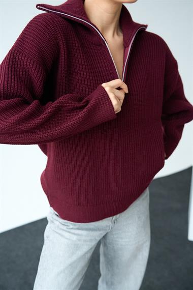 Kadın Polo Yaka Fermuarlı Triko Kazak - Bordo