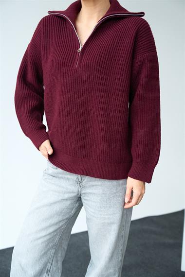 Kadın Polo Yaka Fermuarlı Triko Kazak - Bordo