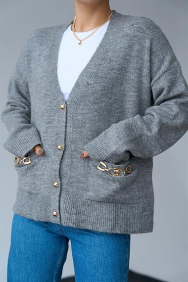 Kadın Sabrina Aksesuarlı Triko Hırka - Gri