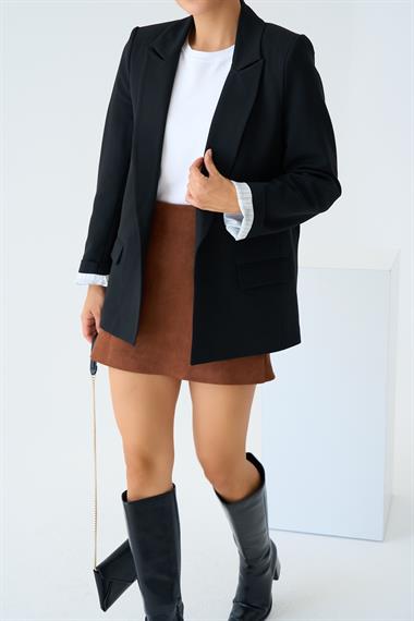 Kadın Safre Astarı Çizgili Dokuma Ceket - Siyah