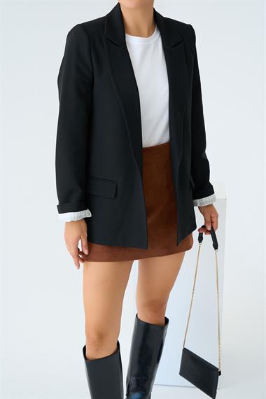 Kadın Safre Astarı Çizgili Dokuma Ceket - Siyah