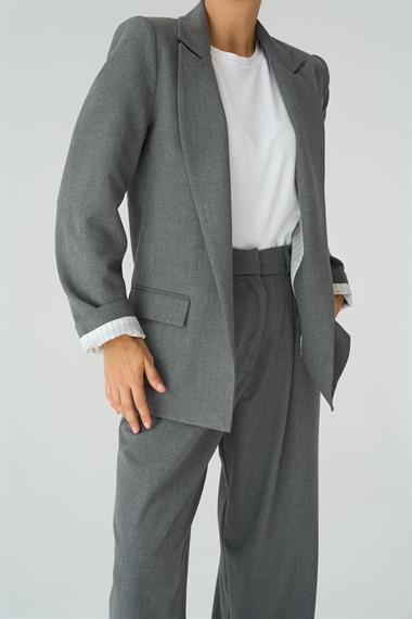 Kadın Safre Astarı Çizgili Dokuma Ceket - Gri