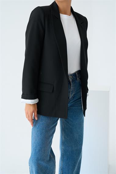 Kadın Safre Astarı Çizgili Dokuma Ceket - Siyah