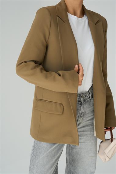 Kadın Safre Astarı Çizgili Dokuma Ceket - Vizon