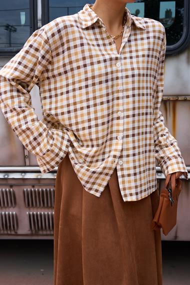 Kadın Sapres Ekoseli Dokuma Gömlek - KAHVE