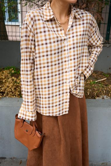 Kadın Sapres Ekoseli Dokuma Gömlek - KAHVE