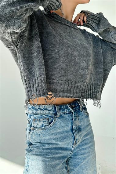 Kadın Sartas Yıkamalı Triko Kazak - Gri