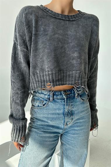 Kadın Sartas Yıkamalı Triko Kazak - Gri