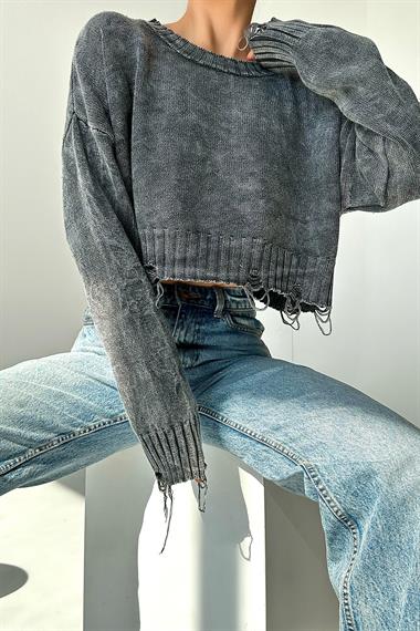 Kadın Sartas Yıkamalı Triko Kazak - Gri