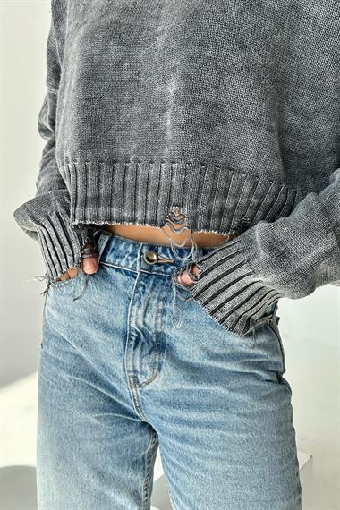 Kadın Sartas Yıkamalı Triko Kazak - Gri