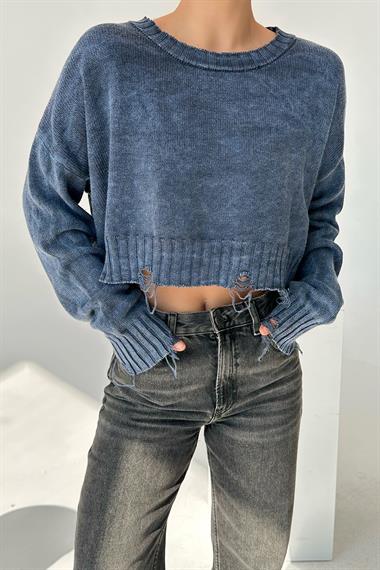 Kadın Sartas Yıkamalı Triko Kazak - İndigo