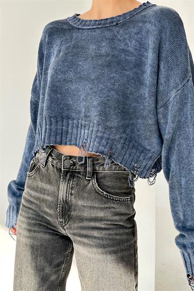 Kadın Sartas Yıkamalı Triko Kazak - İndigo