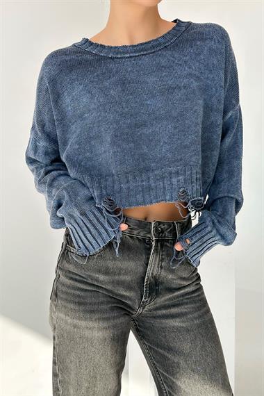 Kadın Sartas Yıkamalı Triko Kazak - İndigo