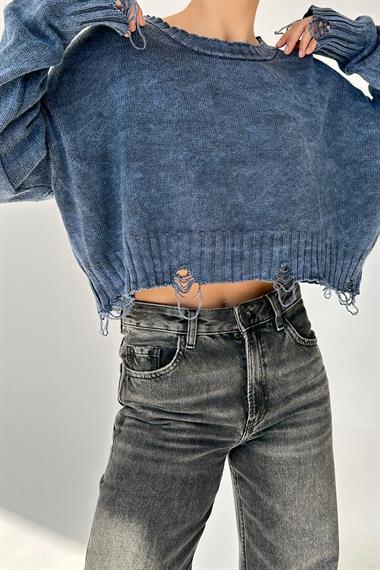 Kadın Sartas Yıkamalı Triko Kazak - İndigo