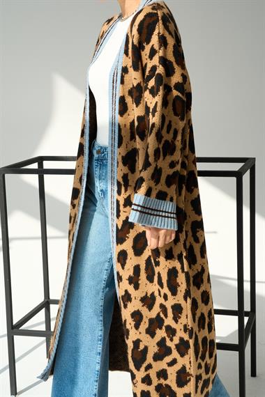 Kadın Selly Uzun  Leopar Triko Hırka - Camel-Mavi