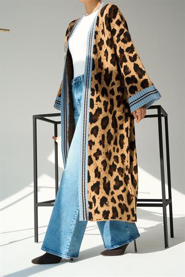 Kadın Selly Uzun  Leopar Triko Hırka - Camel-Mavi