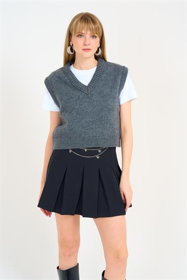 Kadın Seren V Yaka Triko Süveter - Antrasit