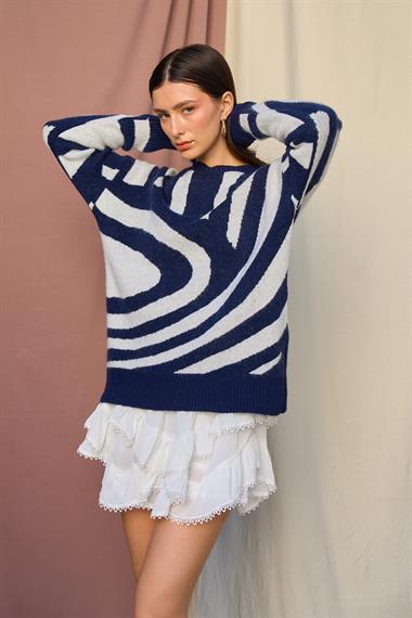 Kadın Taya Triko Kazak - Lacivert-Krem