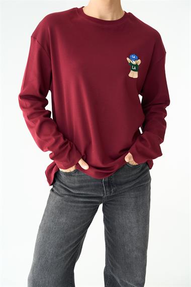 Kadın Tittle Ayıcık Desen Uzun Kol Body - Bordo