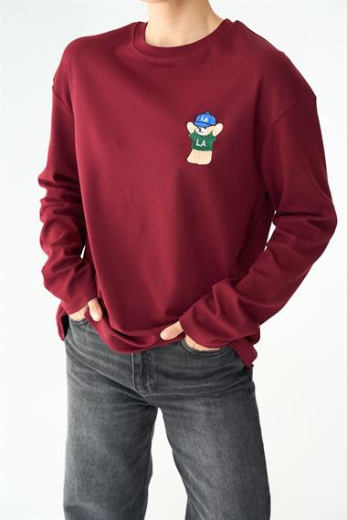 Kadın Tittle Ayıcık Desen Uzun Kol Body - Bordo