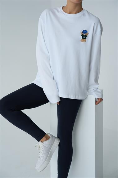 Kadın Tittle Ayıcık Desen Uzun Kol Body - Beyaz