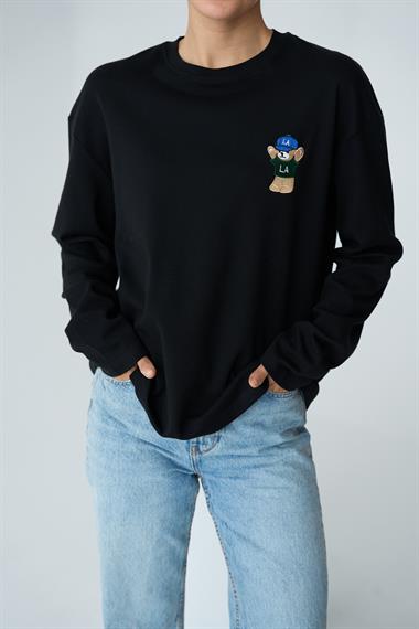 Kadın Tittle Ayıcık Desen Uzun Kol Body - Siyah